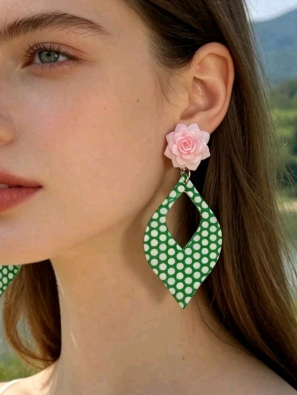 NEW! Floral Pink Rose & Green Polka Dot Drop 925 Sterling Silver Post Earrings